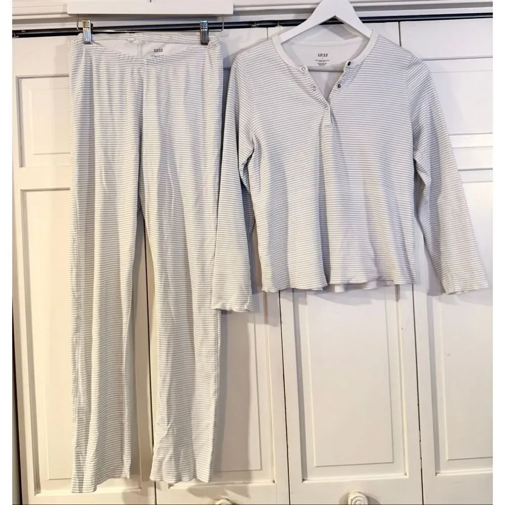 12|12 organic cotton blue striped pajama set size small